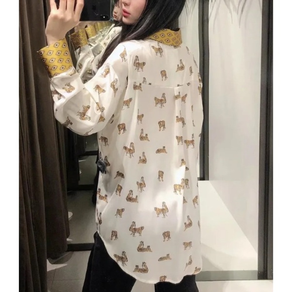 Zara tiger blouse contrast collar button up XS boxy oversize fit loose funky fun
